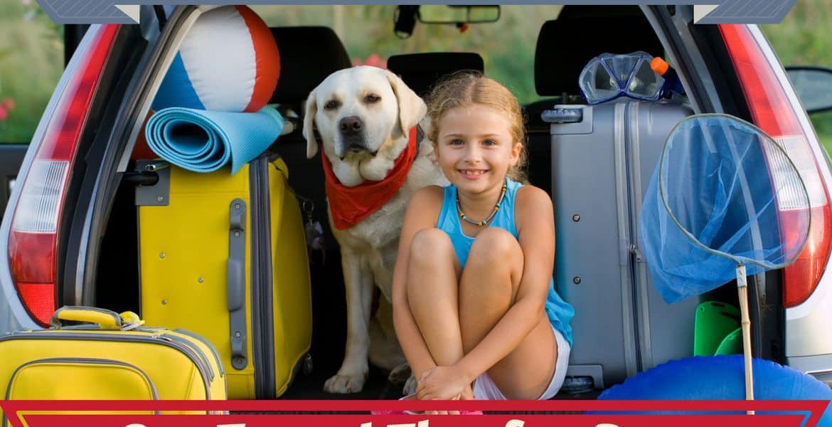 Car travel tips for dogs written below a young girl and lab sitting in open boot of a car